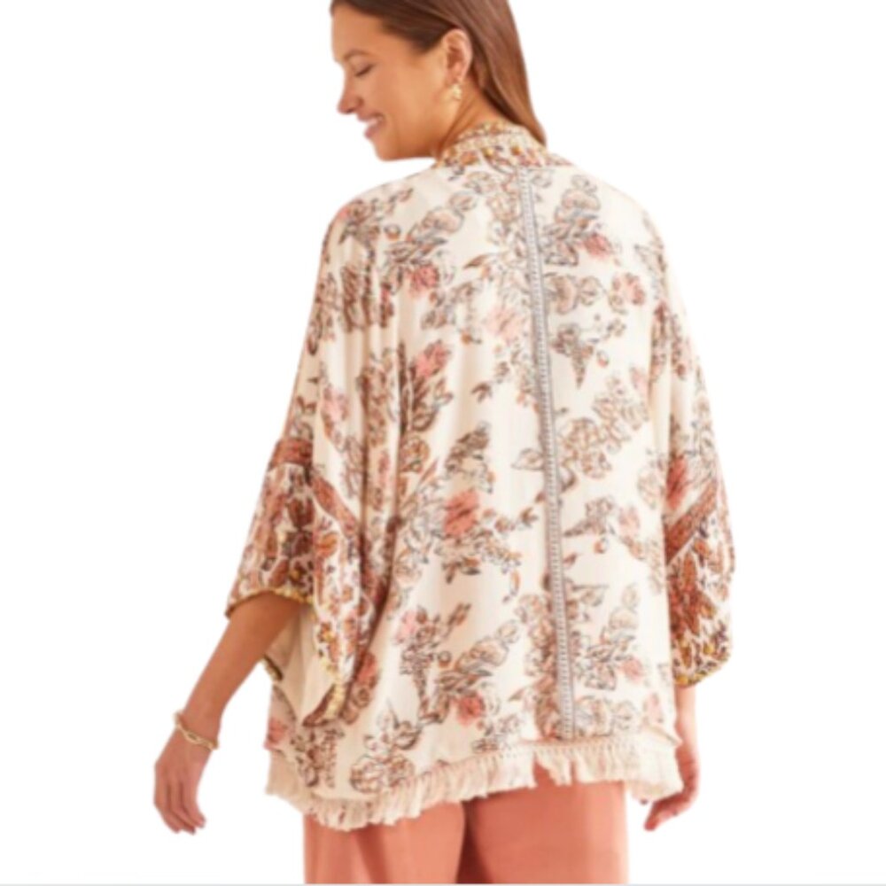 Tribal Rays Of Light Duster Embellished Floral Kimono Cardigan Fringe S/M - Picture 13 of 14
